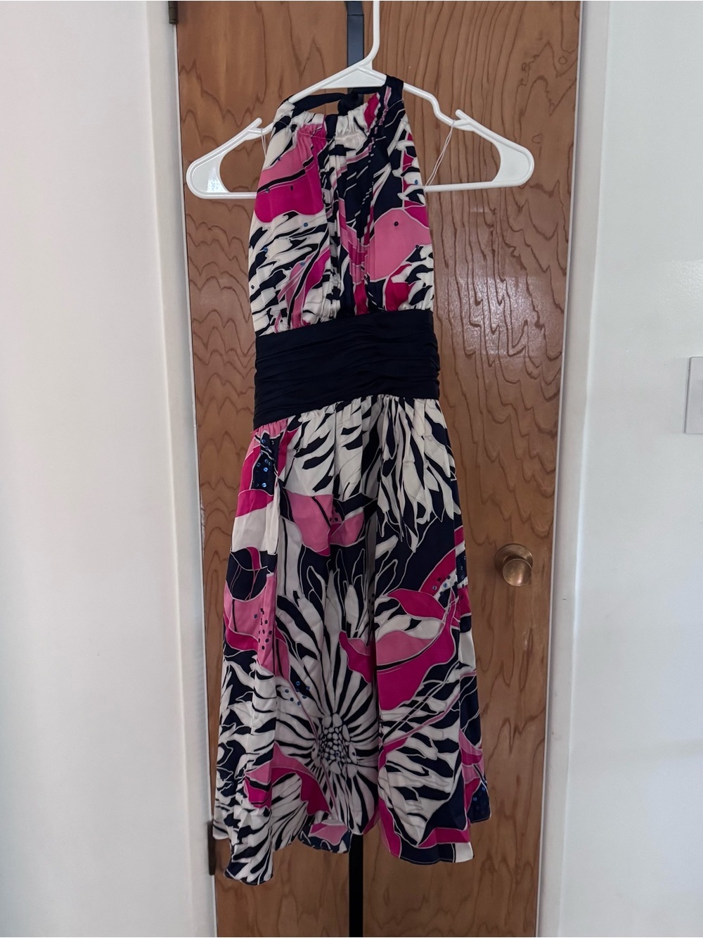 Adrianna Papell Pink, Black & White Floral Halter mini Dress 4